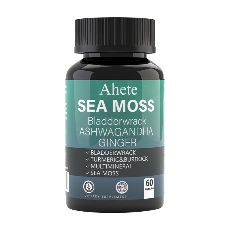 Sea Moss Capsules with Black Seed, Ashwagandha & Bladderwrack - Irish Sea Moss 20:1 Extract 350mg, Vitamin D3 & C, Burdock, Turmeric & Chlorophyll - Vegan, Non-GMO, 60 Capsules