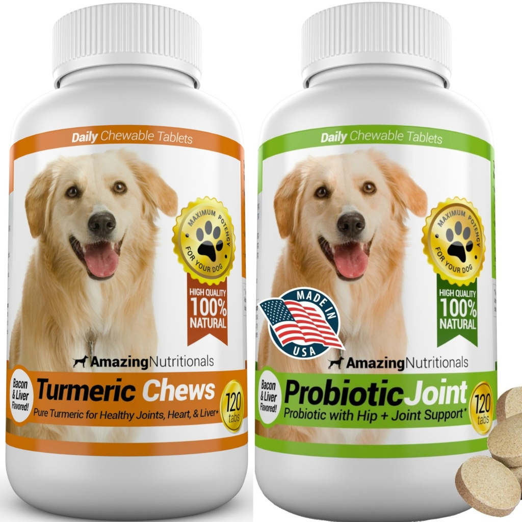 Joint Support Turmeric Probiotics for Dogs Digestive Health Bundle - Eliminates Joint Pain Inflammation, Incontinence, Gas and Diarrhea