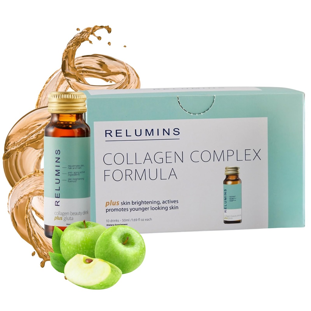 Relumins World's Most Advanced Collagen Drink - 10,000mg w/Glutathione & Antioxidants | USA's No.1 Liquid Collagen, Anti-Aging, Summer Glow Skin | Apple Flavor | Made in USA - 10 Bottles