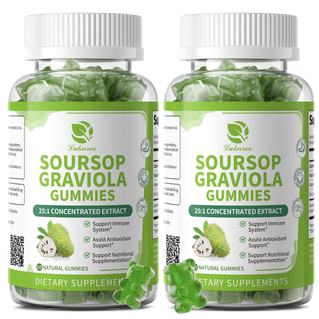 (2 Pack) Soursop Graviola Gummies - Concentrated Soursop Leaves Extract w/Vitamin C, Zinc & Whole Natural Food for Immunity, Liver, Calming & Antioxidant, Sugar Free, Gluten Free, Vegan, 120 Gummies