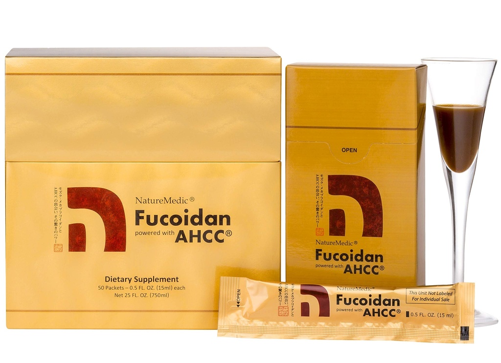 Fucoidan Powered with AHCC® Brown Seaweed Immunity Supplement with High Purity Organic Mekabu Mozuku Agaricus 50 Concentrated Liquid Extract Packets Made in Japan (1 Box)