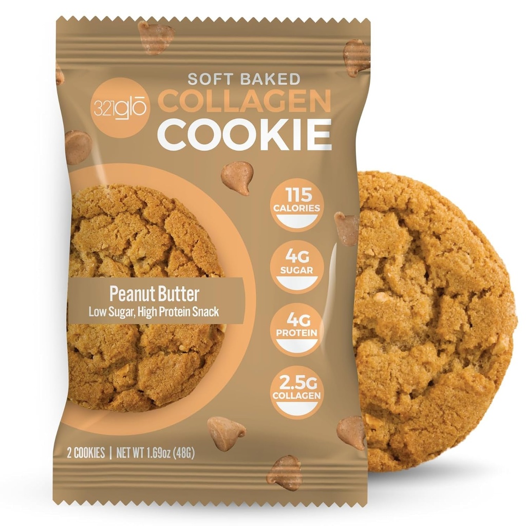 321glo Collagen Cookies | Soft Baked, High Protein Cookies | Low Carb, Low Sugar | Keto Snack for Women, Men, & Kids | 12 Pack (Peanut Butter)