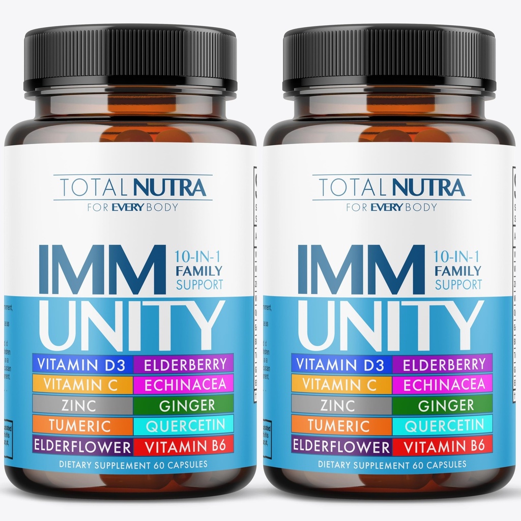 10-In-1 Immune Support Supplement: Immune Boosters for Adults & Kids Daily Immunity Defense with Key Immune System Vitamins Zinc, Vitamin C and D, Plus Elderberry, Quercetin, Echinacea & More, 60 Caps