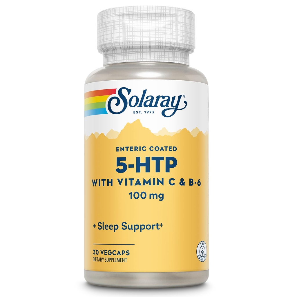 SOLARAY 5HTP 100mg with Vitamin C and Vitamin B6-5 HTP Supplement for Nerve Function - Cellular Energy - Lab Verified, 60-Day Guarantee - 30 Servings, 30 Enteric Coated VegCaps