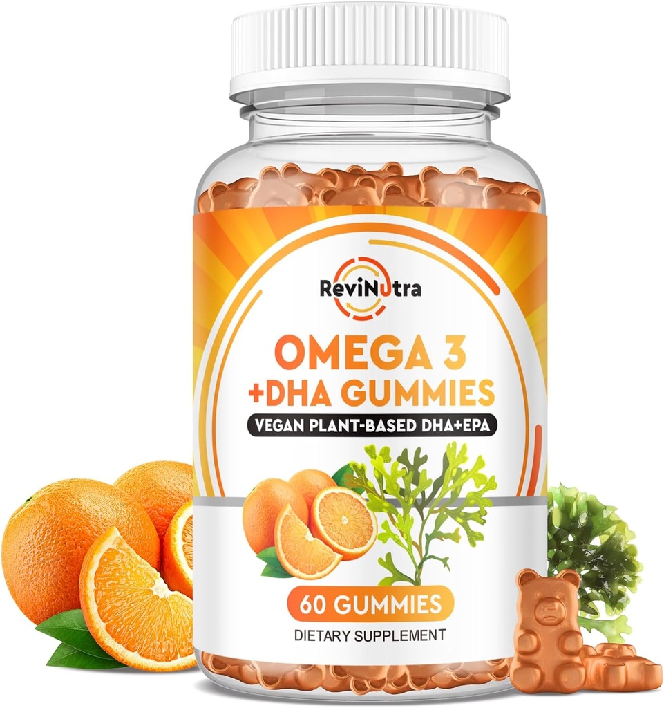 Omega 3 Gummies, Omega 3 Fish Oil Supplements Alternative with EPA & DHA, CoQ10, Folate, Vitamin A, D3, E, Supports Brain, Joint, Heart, Eye, and Immune System Function-Orange Flavor, 60 Gummies