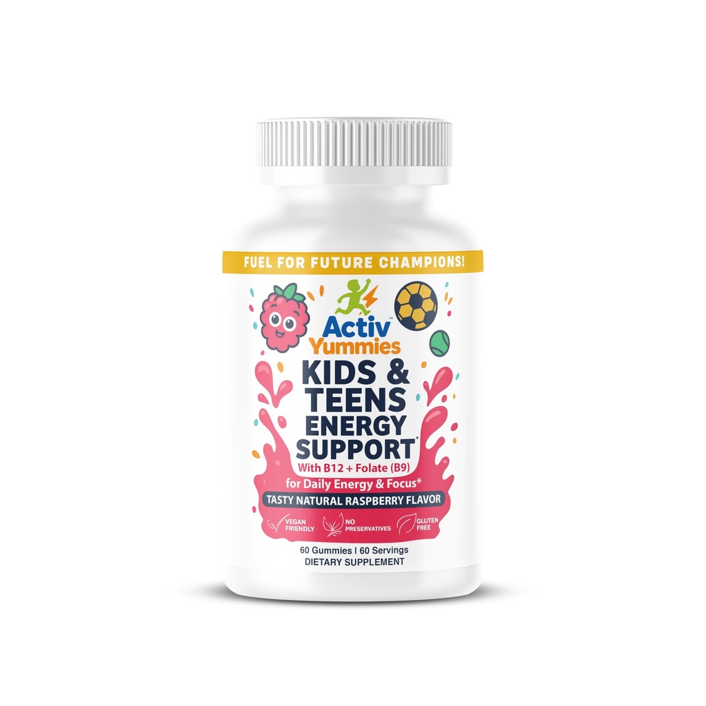 Kids & Teens Energy Support with Vitamin B12 + Folate (B9) - Supports Energy Production, Brain Function & Metabolism - Gluten Free - Raspberry Flavor - Soft Chew 60 Gummies (60 Servings)