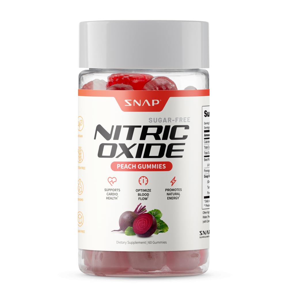 Snap Supplements Nitric Oxide Beet Root Gummies Supplement with Organic Beets - Energy & Circulation Support, 60 Sugar-Free Gummies (30 Servings, 1 Month Supply), Peach
