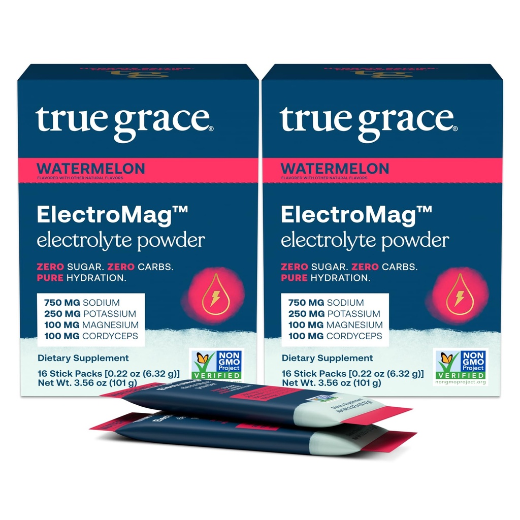 True Grace ElectroMag - 16 Stick Packs (Pack of 2) - Watermelon - Electrolyte Powder for Rapid Hydration - Sodium, Potassium, Magnesium & Cordyceps - Zero Sugar & Carbs - Non-GMO - 32 Total Servings