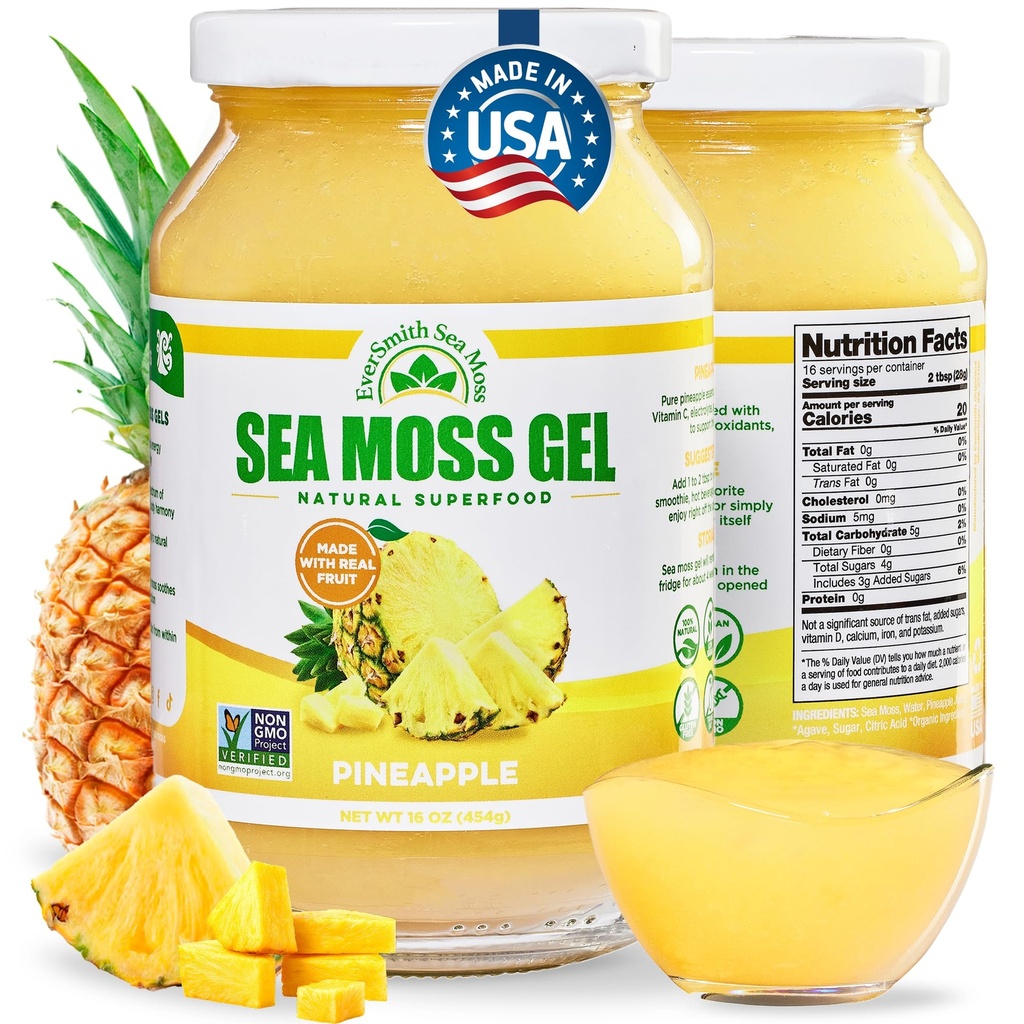 EverSmith Organics Wildcrafted Irish Sea Moss Gel, Pineapple, 1 Jar, 16 oz | Made in USA, Rich in Nutrients, Sea Moss Gel Raw, Vegetables & Fruits, Sustainably Harvested, Essential Vitamins and Minerals