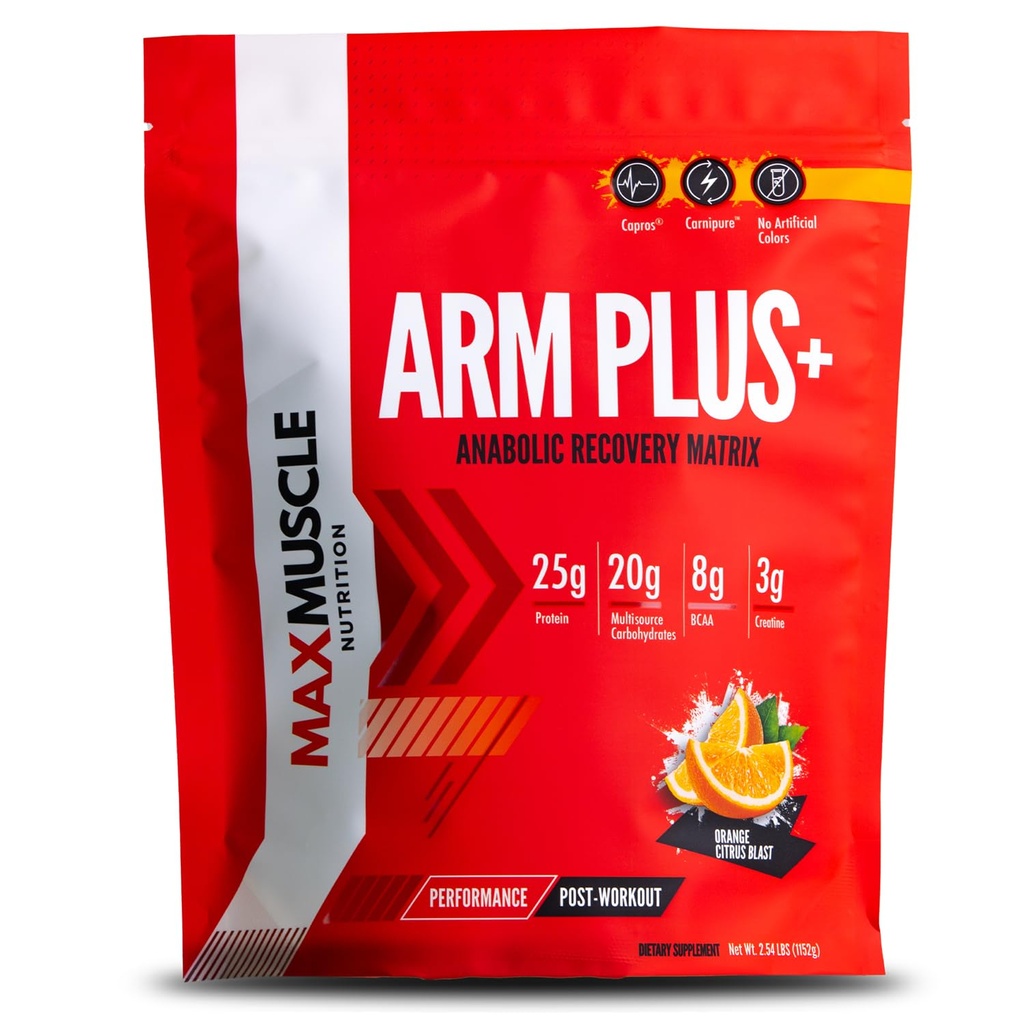 Max Muscle Arm Plus+ Anabolic Recovery Matrix | 25g Whey Protein, 8g Bcaas, 3g Creatine Monohydrate | Amino Acids, Antioxidants, Glutamine, Electrolytes (Orange Citrus Blast, 2.54 lb)