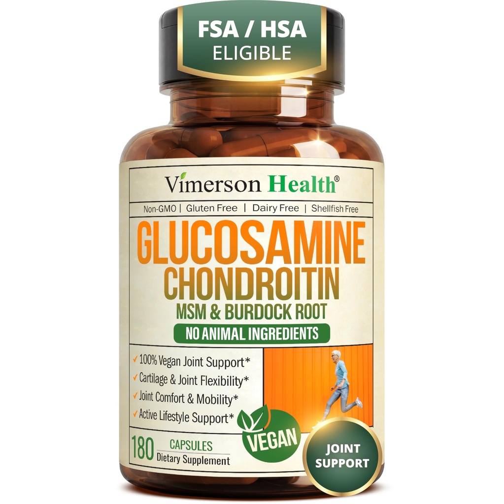 Vegan Glucosamine Chondroitin MSM – Joint Supplements for Men and Women with Glucosamine Sulfate 1500 mg – Joint Health Supplement for Cartilage, Mobility & Joint Support – 180 Capsules