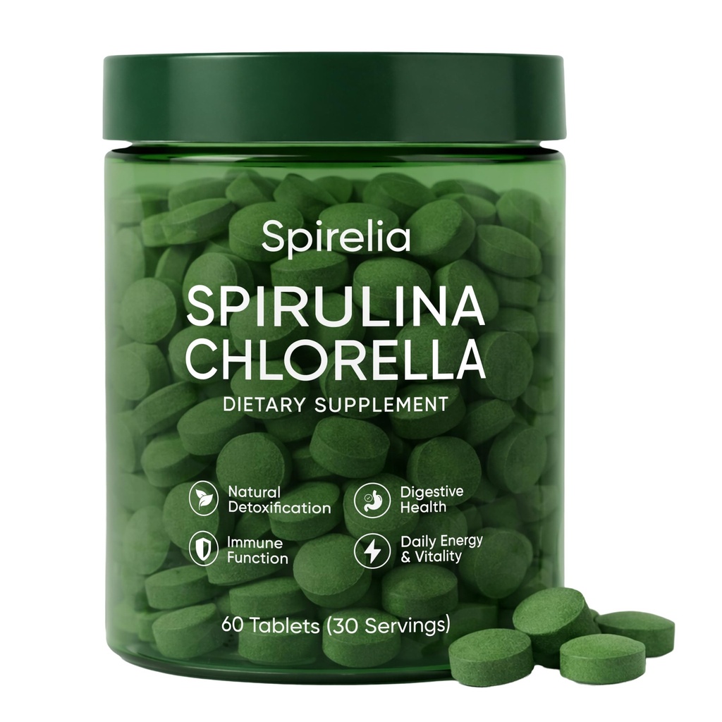 Spirelia Spirulina & Chlorella Tablets, Plant-Based Complex with Protein & Nutrients, Non-GMO, Gluten-Free, 60 Tablets (30-Day Supply)