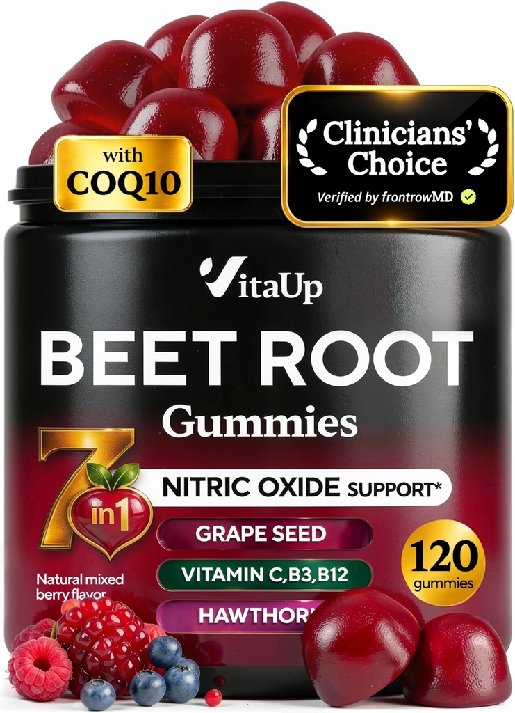 VitaUp Beet Root Gummies – Beetroot Gummies with CoQ10, Grape Seed, Vitamin C, B12 & B3 – Nitric Oxide Gummies for Circulation Support – Beet Supplement for Energy & Immune Support – 120 Beets Chews