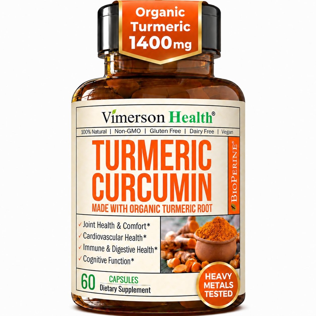 Turmeric Curcumin Supplement – 1400mg Organic Turmeric Curcumin with Black Pepper Extract for Max Absorption – Digestive & Joint Supplements for Men & Women w. Tumeric Extract & Bioperine – 60 Caps