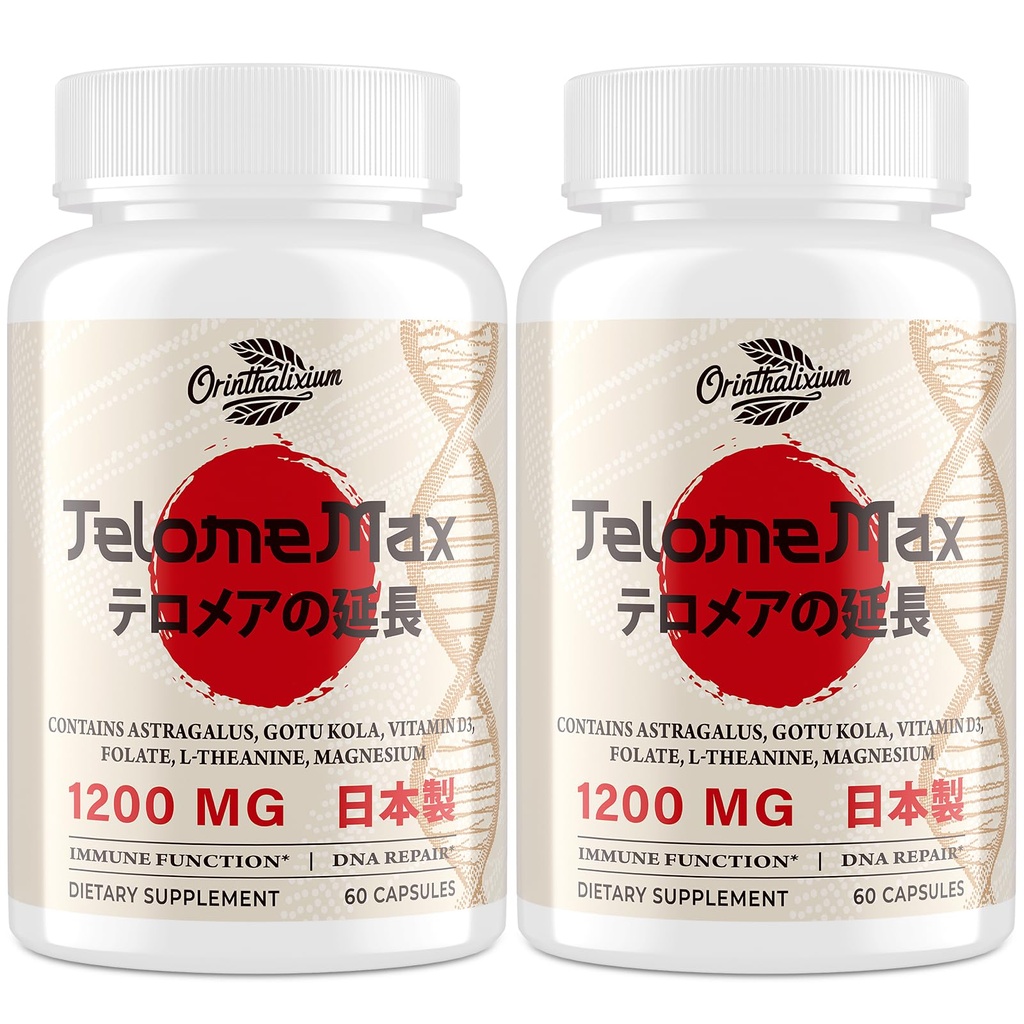 Telomere Lengthening Supplements – Organic Astragalus, Gotu Kola, Vitamin D3, Folate, L-Theanine – Anti-Aging, DNA Repair, Immune & Cellular – 60 Vegan Capsules, Made in Japan (2 Bottle)