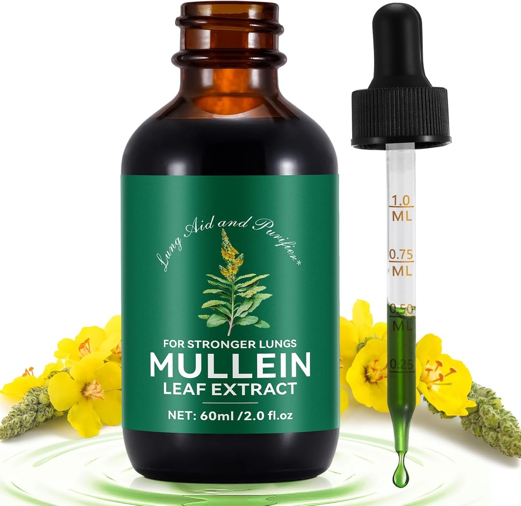 Mullein Drops for Lungs 2 Fl Oz, Natural Mullein Leaf Drops, Fast Absorption Liquid Mullein Extract Supplement, Lung Cleanse, 1 Month Supply