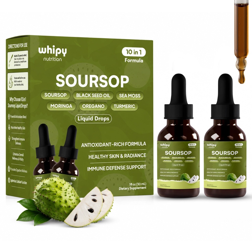2 Pack 10 in 1 Organic Soursop with Ashwagandha, Oregano & Chlorophyll, Soursop Bitters Liquid Drops Soursop Moringa Black Seed Oil Sea Moss Turmeric Immune Defense & Antioxidant 2×1fl oz