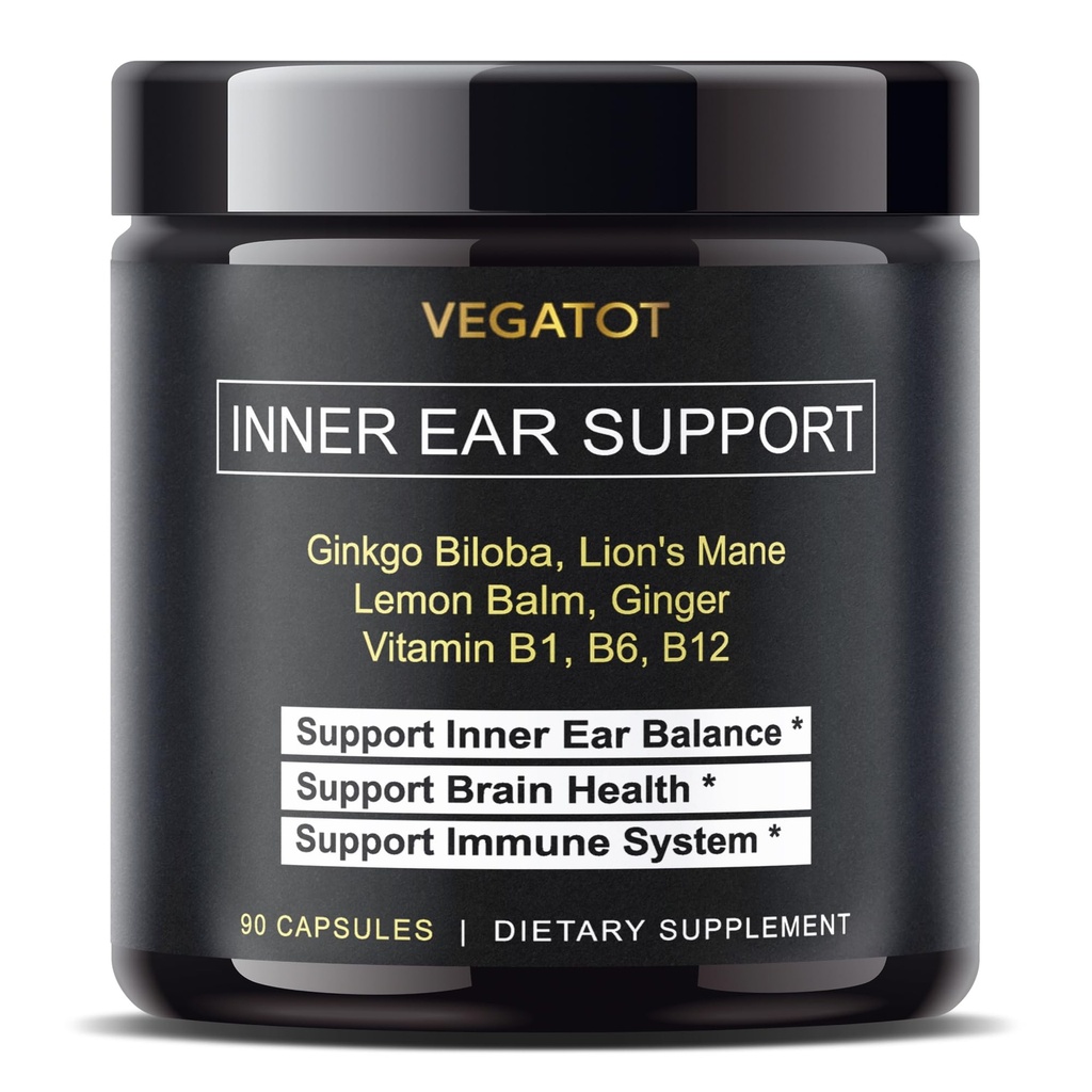 VEGATOT Inner Ear Supplement with Ginkgo Biloba Lion's Mane Lemon Balm Ginger VIT B1, B6, B12- for Dizziness Spinning Inner Ear Balance