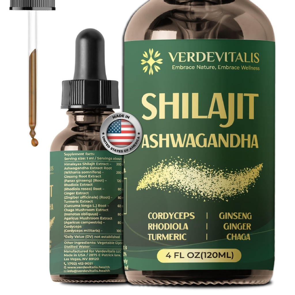 Shilajit Liquid Drops – Pure Shilajit Extract with Ashwagandha for Men & Women, Energy, Stamina & Vitality, Adaptogen Herbal Blend with Cordyceps, Rhodiola & Chaga – 4 fl oz