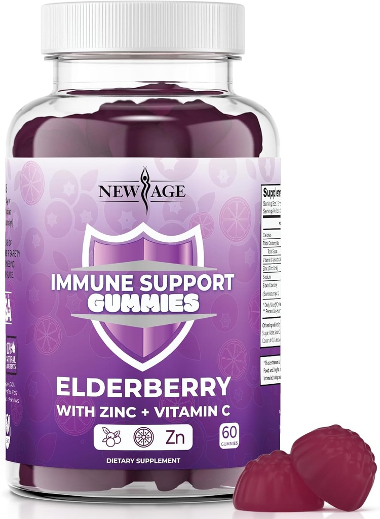NEW AGE Immune System Support Gummies - Sambucus Black Elderberry Gummies with Vitamin C and Zinc (Immune Support 60 Gummies)
