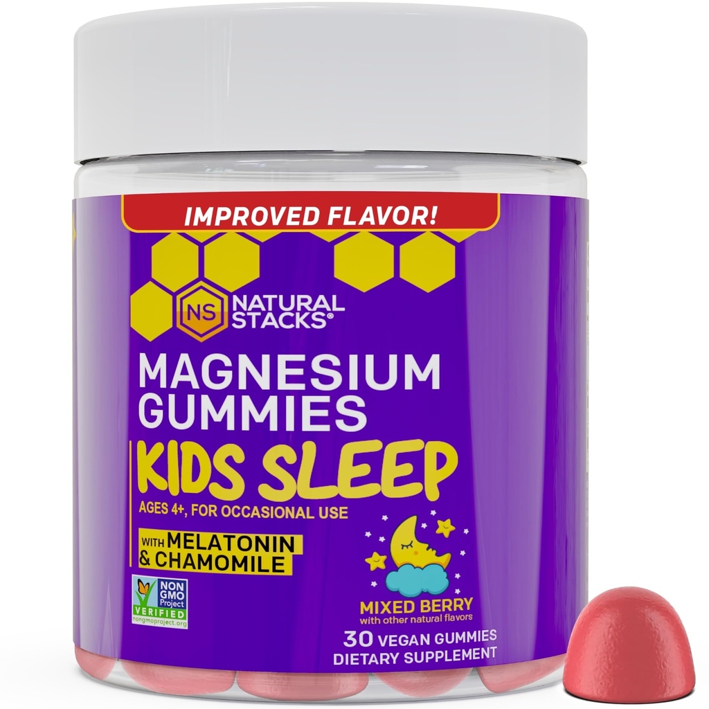 Natural Stacks Kids Sleep Magnesium Gummies with Melatonin - 100mg Magnesium Citrate - Melatonin Gummies for Sleep Quality - Nighttime Aid for Kids with Chamomile - 30 Mixed Berry Chewables