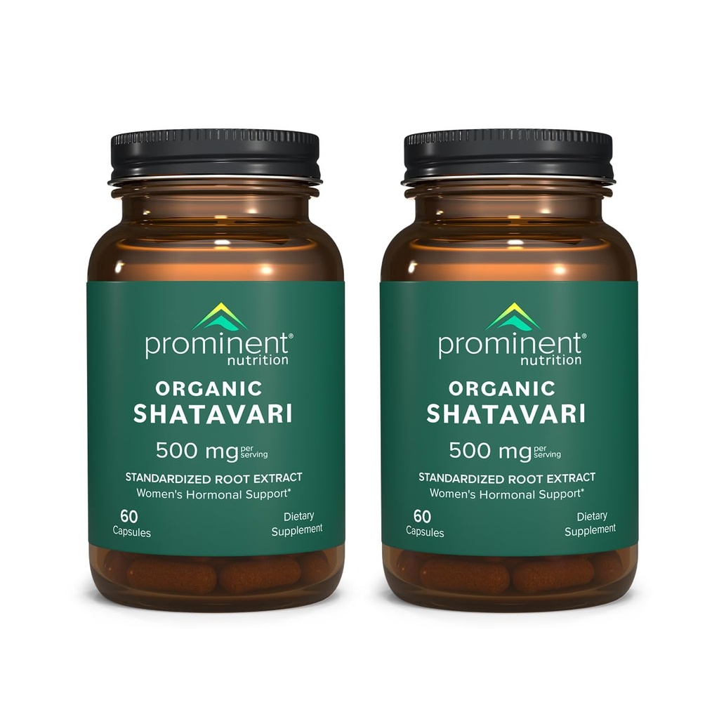 Prominent Nutrition Organic Shatavari Capsules, Hormone Support for Women, 500 mg, 60 Count, Standardized Root Extract Formulated for Women’s Health - 2 Pack