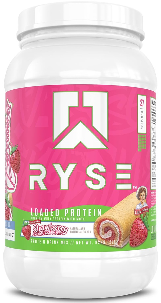 RYSE Loaded Protein Powder - Little Debbie Strawberry Shortcake Rolls - 25g Whey Protein Isolate & Concentrate with Prebiotic Fiber & MCTs - Low Carb & Low Sugar - 27 Servings / 2 lb Tub