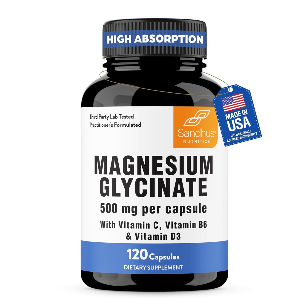 Magnesium Glycinate 500mg High Absorption Capsules with Zinc (120 Count) | Vitamin C, D3 & B6 | Quality Sleep, Relaxation & Muscle Health Supplement For Women and Men | Chelated Form | Easy to Swallow