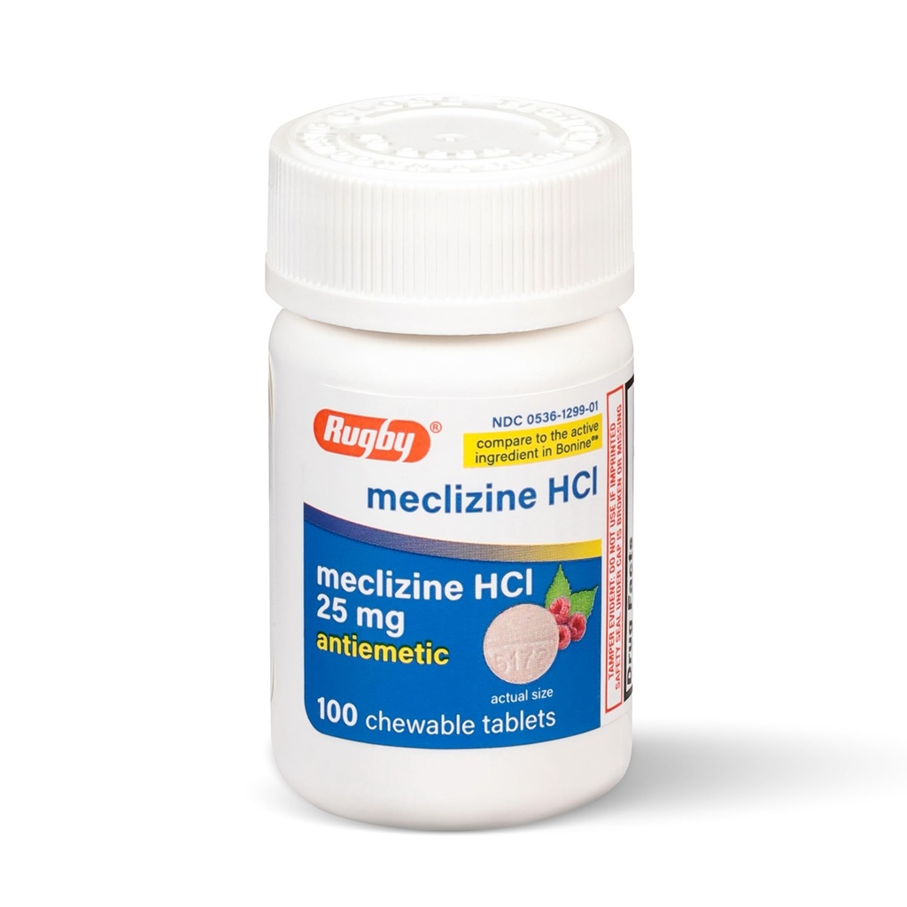 Rugby Meclizine Chewable Tablets 25mg - Anti-Nausea Medicine Helps with Motion Sickness - 100 Count (1 Pack)