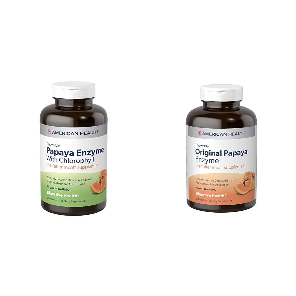 American Health Papaya Enzyme 600 Count Chewable Tablets with Chlorophyll and Original 600 Count Papaya Digestive Enzyme Chewable Tablets Bundle