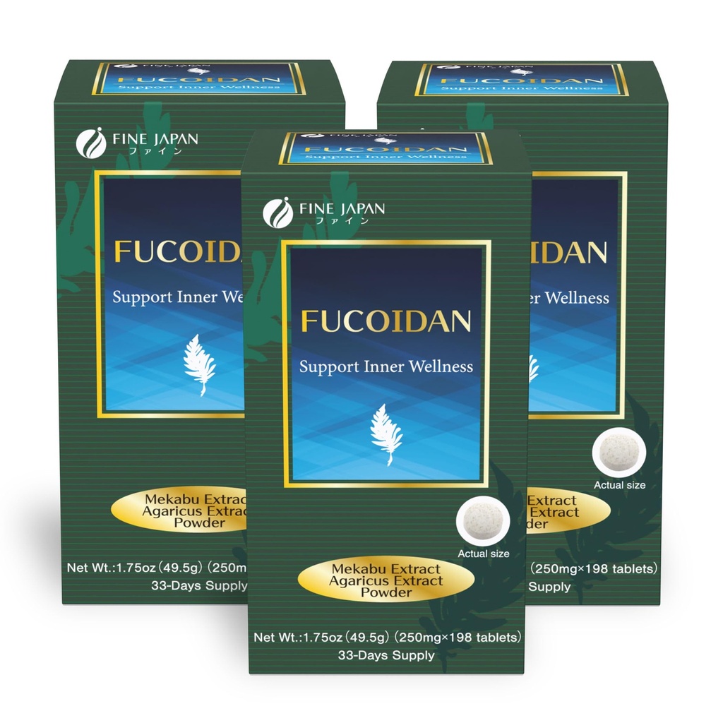 FINE JAPAN Fucoidan with Wakame Seaweed Extract & Agaricus Extract - Set of 3 - Vegetarian kelp Supplement, 33-Day Supply (198 Capsules)