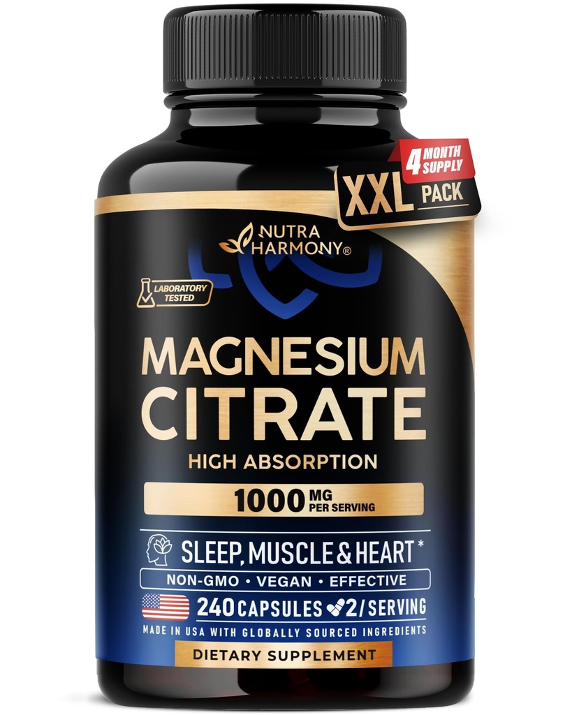 Magnesium Citrate Capsules 1000mg | High Absorption Supplement - Sleep, Muscle & Heart Support - Vegan | Non-GMO - for Women & Men - As Powder | Pills | Tablets - 240 Capsules, 4 Month Supply