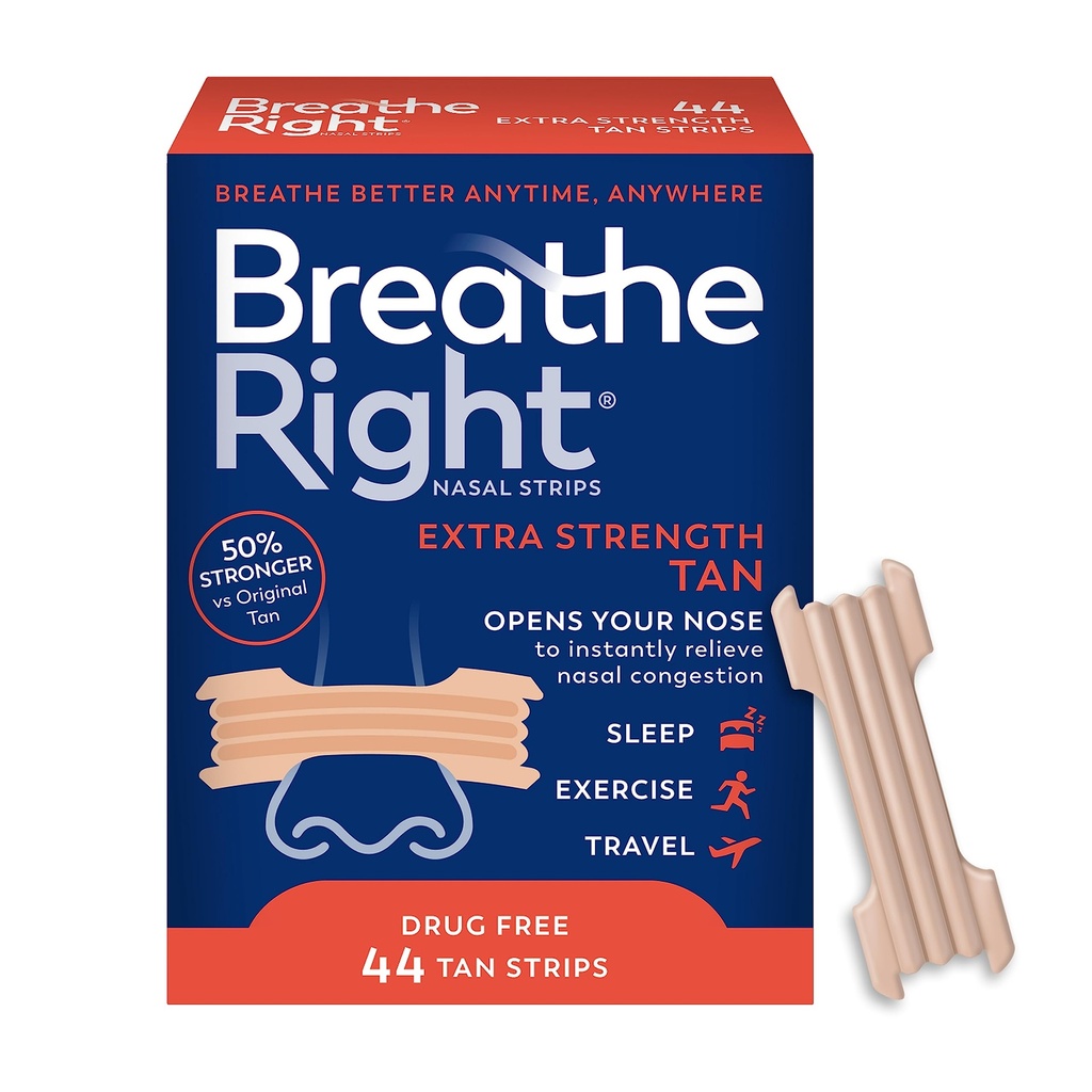 Breathe Right Nasal Strips, Extra Strength Tan Nose Strips, Drug-Free Nasal Congestion Relief for Better Breathing, Help Relieve Snoring, Caused by Colds & Allergies, Deviated Septum, 44ct