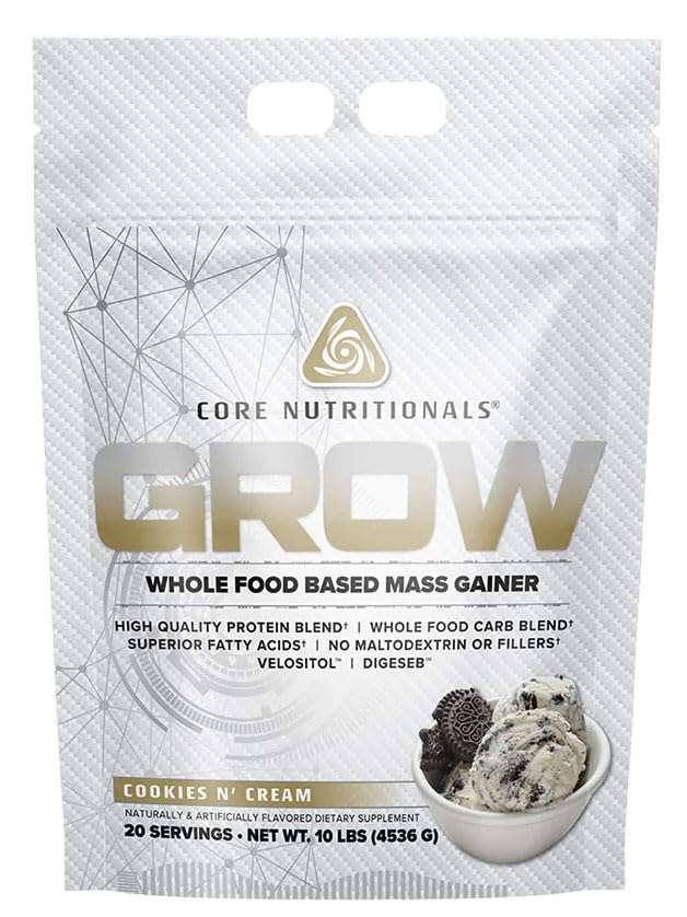 Core Nutritionals Grow Mass Gainer | Whole Food Carb Blend + Protein Blend | Maltodextrin Free | 880 Calories, 50g Protein | 10 Pound (Cookies N Cream)