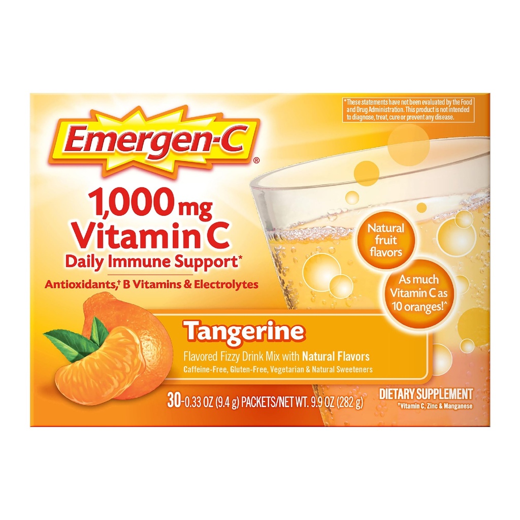 Emergen-C 1000mg Vitamin C Immune Support Powder Tangerine 30CT includes Zinc, Manganese, 7 B Vitamins and Electrolytes for Back to School Essentials