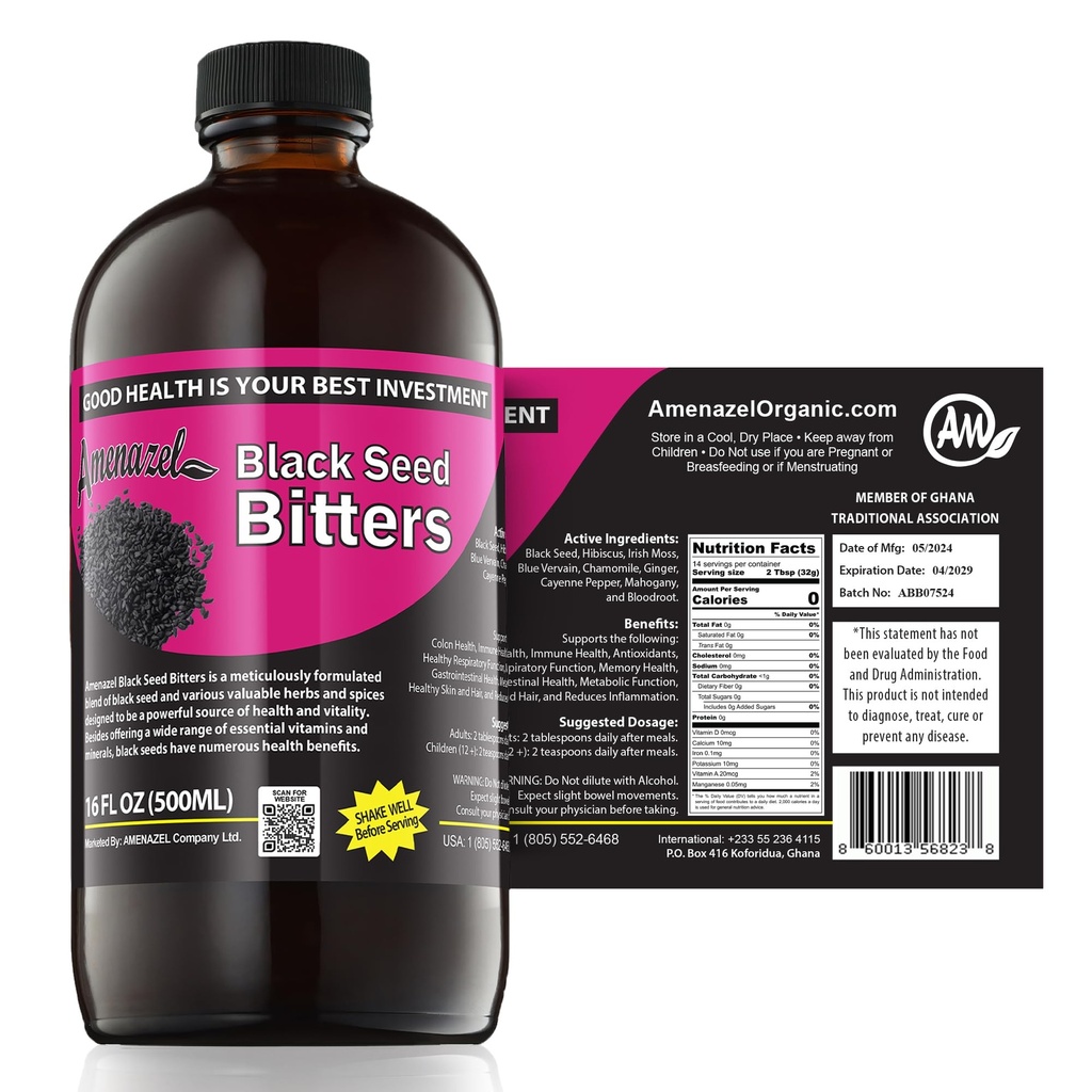Amenazel Organic Black Seed Bitters, 16 fl oz.