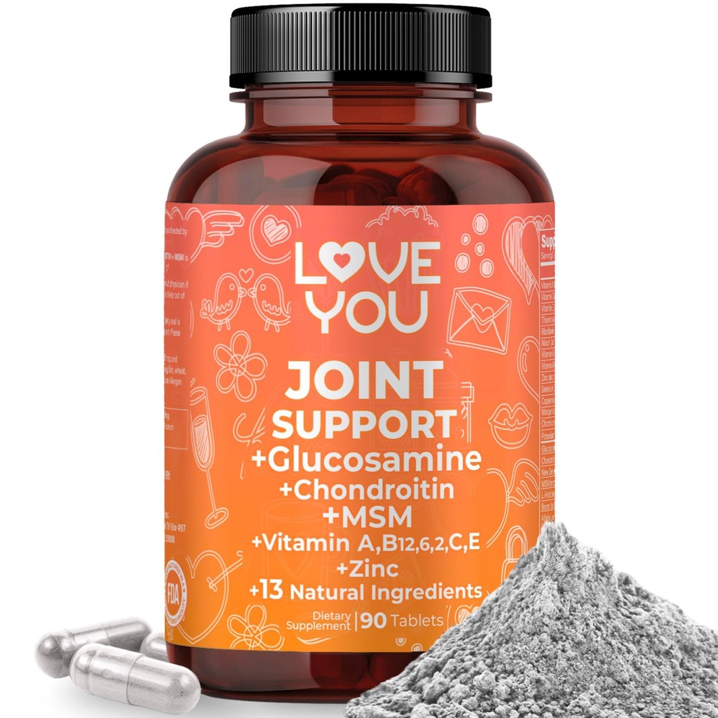 Love You Joint Support Supplement for Relief - Glucosamine, Chondroitin, MSM & Turmeric - Supports Mobility & Flexibility (Bones, Back, Knees, Hands), 90 Tablets, 45-Day Supply - Made in USA