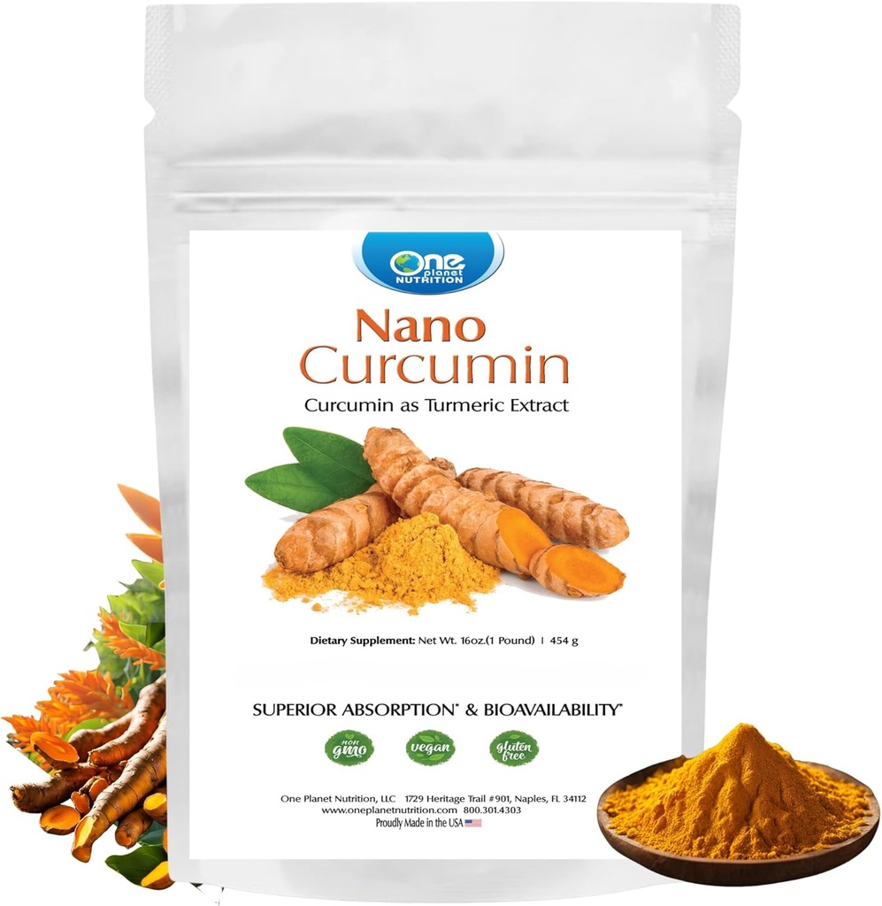 One Planet Nutrition Nano Curcumin Powder 16 oz (454 Servings), Pure Turmeric Extract, Maximum Absorption for Enhanced Curcumin Benefits, Non-GMO, Vegan, Gluten-Free.