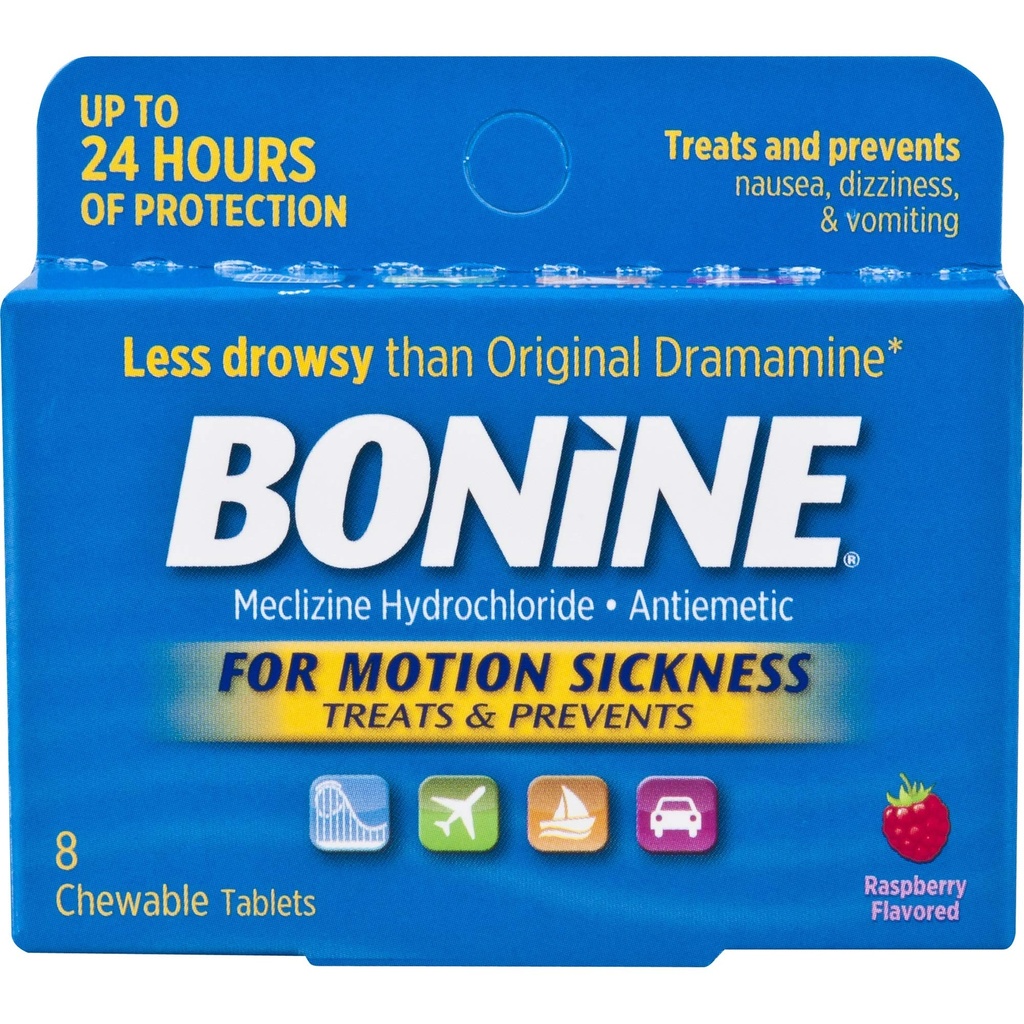 Bonine Motion Sickness Protection, Chewable Tablets, Raspberry - 8 ea, Pack of 4