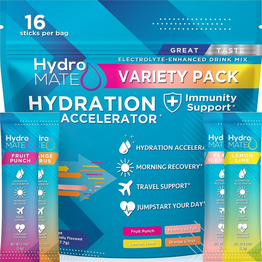 HydroMATE Electrolytes Powder Packets Low Carb Hydration Accelerator Drink Mix Party Relief Plus Vitamin C Variety Pack 16 Sticks