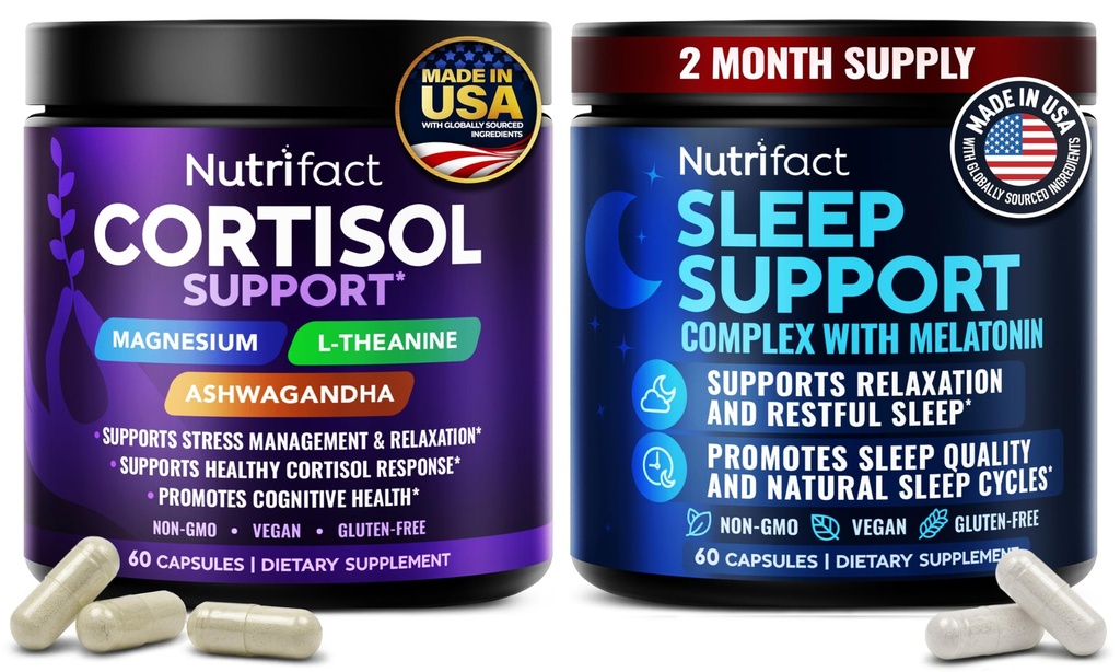 Cortisol Supplements & Sleep Supplement with Melatonin Bundle for Day & Night Balance - Vegan, Non-GMO, Made in USA Supplements for Men and Women - with Magnesium Glycinate, Ashwagandha, L-Theanine