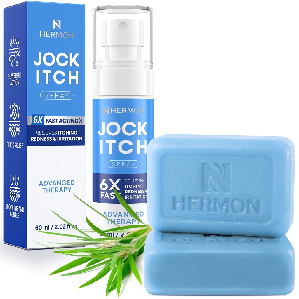 Hermon Antifungal Jock Itch Spray & Soap Kit: Powerful Treatment of Antifungal Spray & Soap for Jock Itch with 2.01 fl.oz & 2 Bars - Fast & Effective Relief of Itching, Burning, Redness, & Irriation