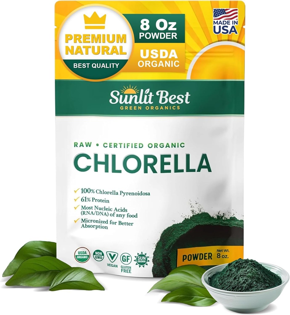 Sunlit Best Chlorella Powder Organic USDA, Green Algae Chlorella Powder, Broken Cell Wall Chlorellas, Raw Vegan Protein Chlorophyll - Non GMO, Gluten Free Superfood, Immune Support Supplement, 8 oz