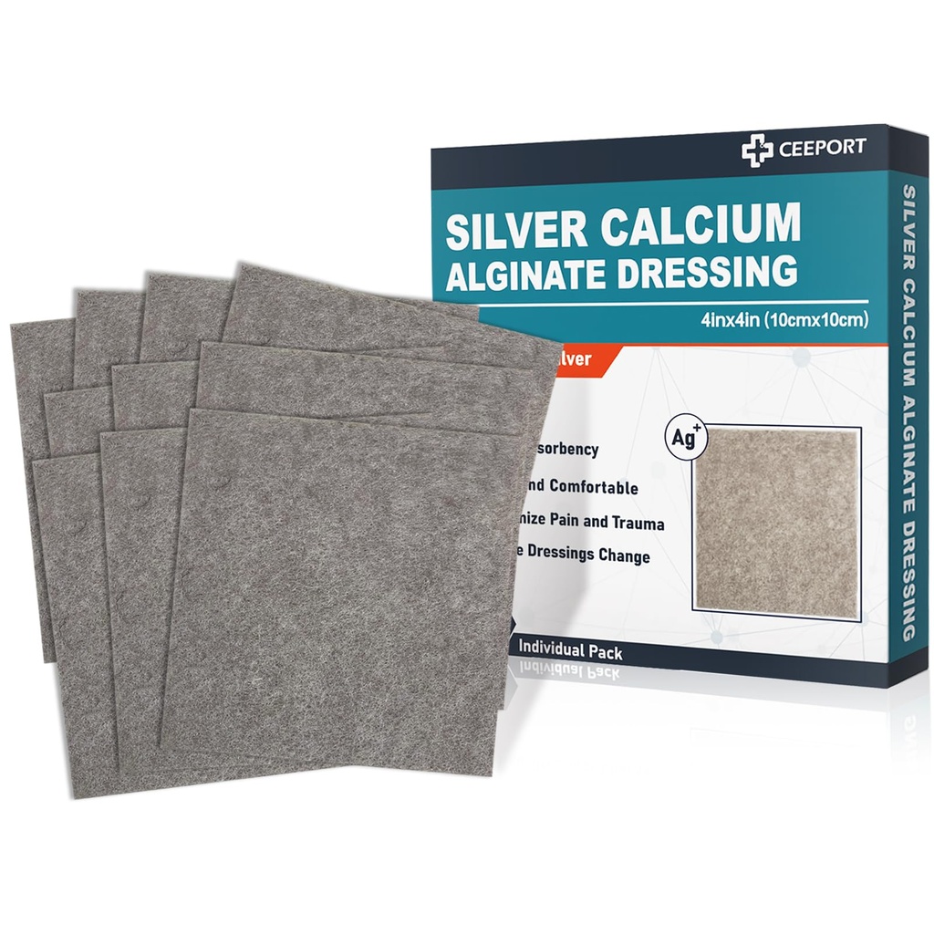 Ceeport Ag Silver Calcium Alginate Wound Dressing Pads 4 "x 4", 10 Pack | Highly Absorbent Dressing with Silver, Non Stick Pads for Wounds, Soft and Comfortable, Individual Pack, Sterile, Wound Care