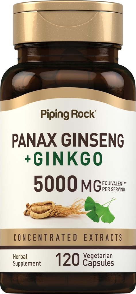 Piping Rock Panax Ginseng & Ginkgo Biloba Supplement | 120 Capsules | with Black Pepper Extract | Vegetarian, Non-GMO, and Gluten Free Supplement