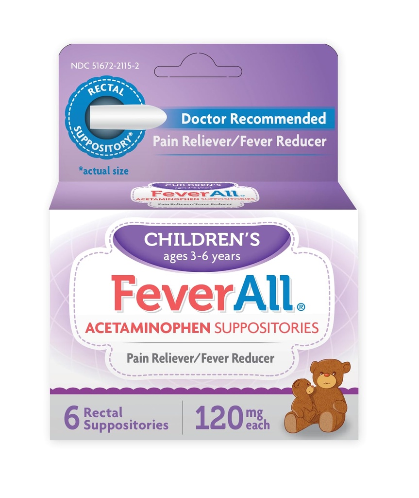 Feverall Infant Acetaminophen Suppositories 6 Rectal Suppositories 120 mg Each Pain Reliever/Fever Reducer. Paraben Free, No Artificial Colors or Other preservatives. Ages 3-6 Years