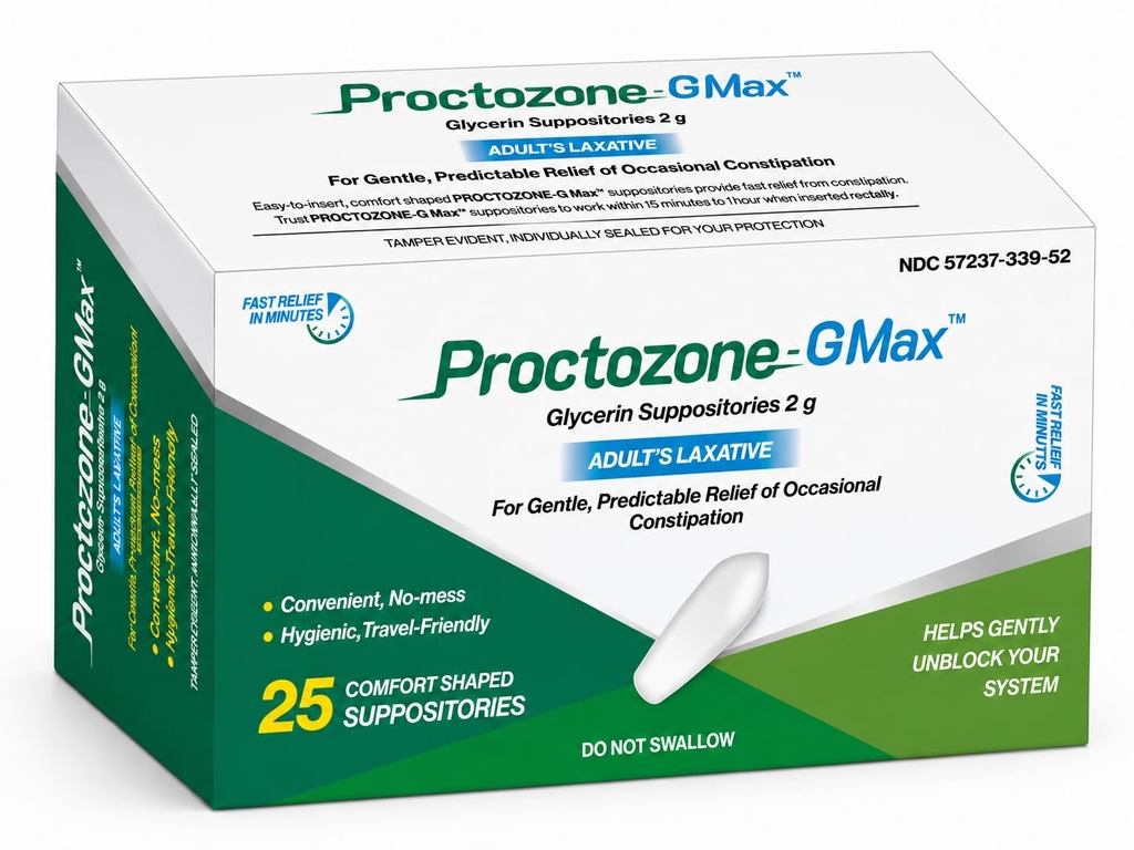 Rising Health - Proctozone-GMax Adult Glycerin Suppositories 2g – Rectal Laxative for Fast Relief of Occasional Constipation – Comfort Shaped, Gentle & Predictable Relief – 25 Suppositories