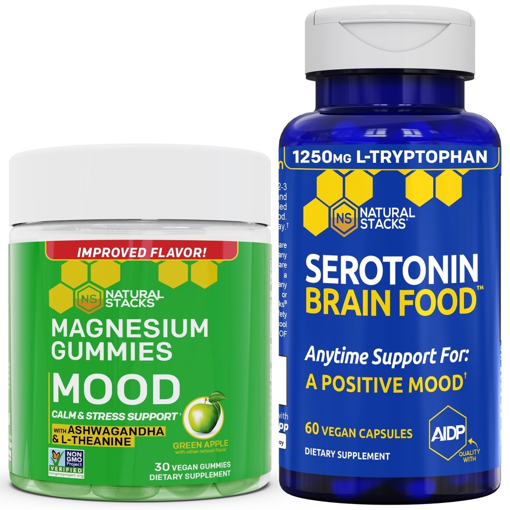 NATURAL STACKS Mood Magnesium Citrate Gummies + Serotonin Brain Food Bundle - Positive Mood & Stress Support - 90 Pieces
