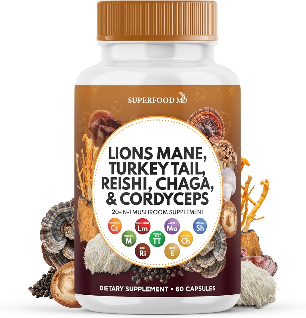 Lions Mane Mushroom Supplement with Turkey Tail Reishi Cordyceps Chaga with Marshmallow Root - 60 Count
