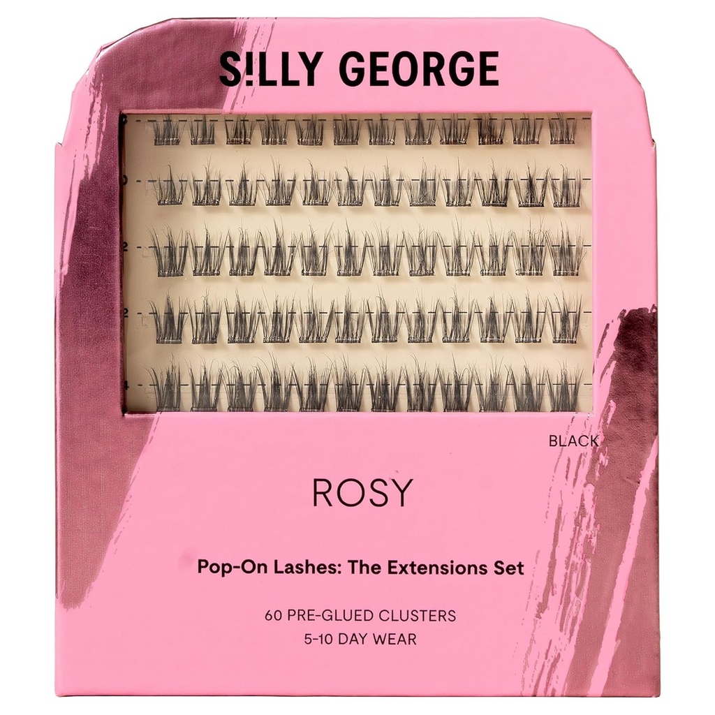 Silly George Pop-On Lashes - DIY 1-Step Pre-Glued Faux Eyelash Clusters, Natural Look Extensions, Black - Rosy, 5-7 Pair Set, Pack of 60 Clusters